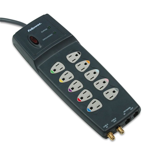 Fellowes Power Guard Surge Protector, 10 Outlets, 10 ft Cord, 3300 Joules, Gray 99115